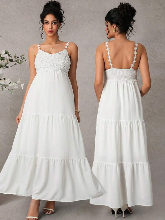 Maternity Cami Knee Dress - Spaghetti Strap, Lace Appliques, Tiered Hem, Loose, White