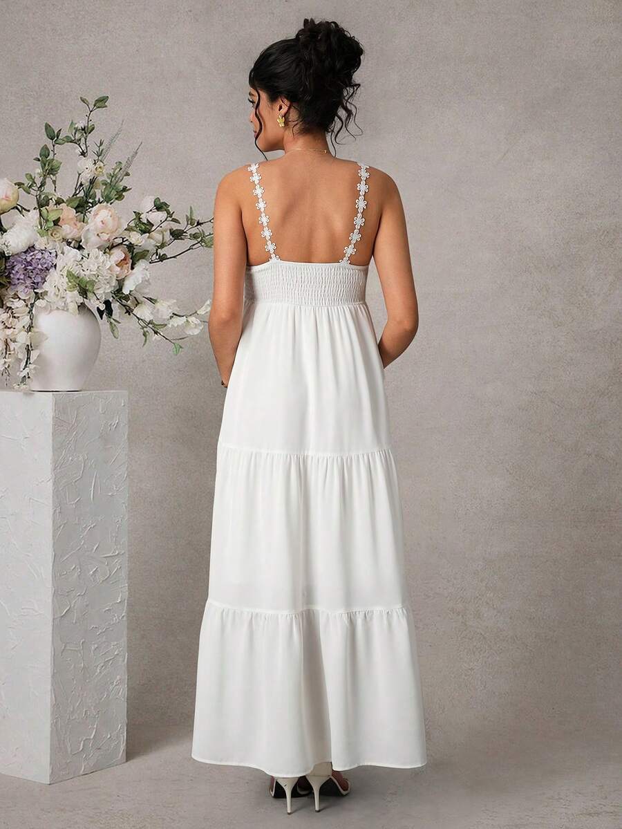 Maternity Cami Knee Dress - Spaghetti Strap, Lace Appliques, Tiered Hem, Loose, White