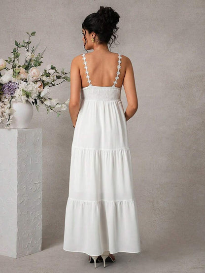 Maternity Cami Knee Dress - Spaghetti Strap, Lace Appliques, Tiered Hem, Loose, White