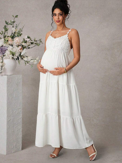 Maternity Cami Knee Dress - Spaghetti Strap, Lace Appliques, Tiered Hem, Loose, White