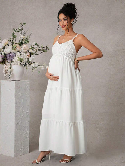 Maternity Cami Knee Dress - Spaghetti Strap, Lace Appliques, Tiered Hem, Loose, White