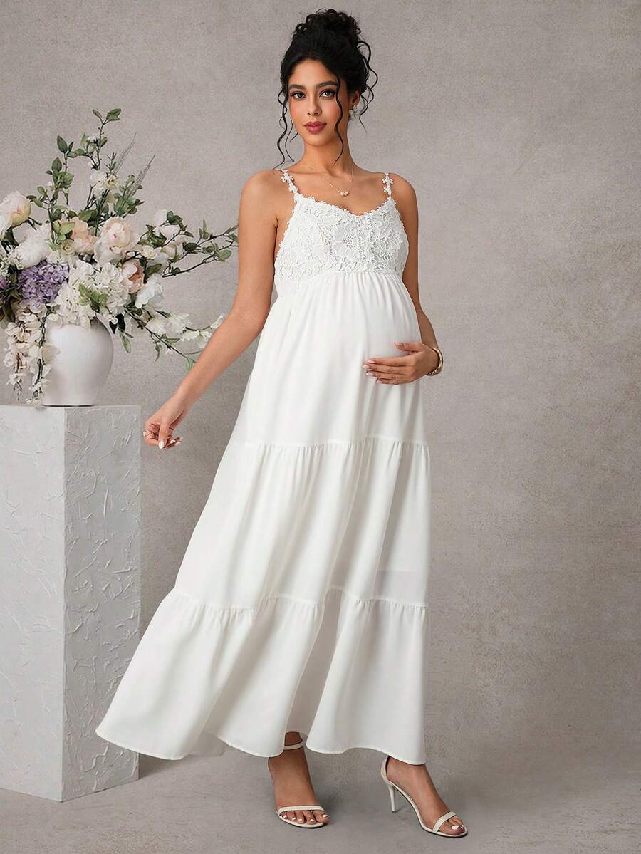 Maternity Cami Knee Dress - Spaghetti Strap, Lace Appliques, Tiered Hem, Loose, White