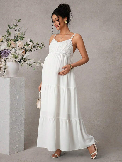 Maternity Cami Knee Dress - Spaghetti Strap, Lace Appliques, Tiered Hem, Loose, White