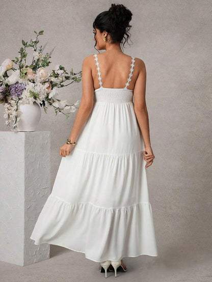 Maternity Cami Knee Dress - Spaghetti Strap, Lace Appliques, Tiered Hem, Loose, White