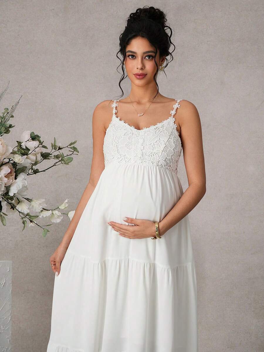 Maternity Cami Knee Dress - Spaghetti Strap, Lace Appliques, Tiered Hem, Loose, White
