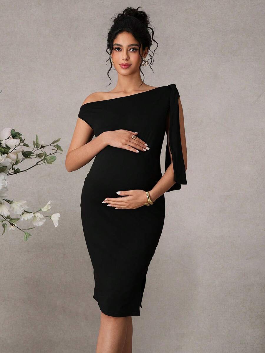 Maternity Elegant Cold Shoulder Ruffle Bodycon Dress Sexy Asymmetrical Knee Length Pencil Dress for Office