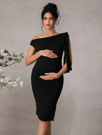 Maternity Elegant Cold Shoulder Ruffle Bodycon Dress Sexy Asymmetrical Knee Length Pencil Dress for Office