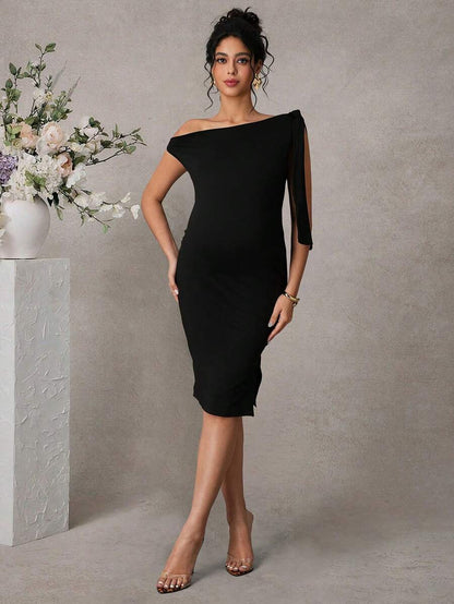Maternity Elegant Cold Shoulder Ruffle Bodycon Dress Sexy Asymmetrical Knee Length Pencil Dress for Office