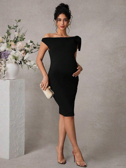 Maternity Elegant Cold Shoulder Ruffle Bodycon Dress Sexy Asymmetrical Knee Length Pencil Dress for Office