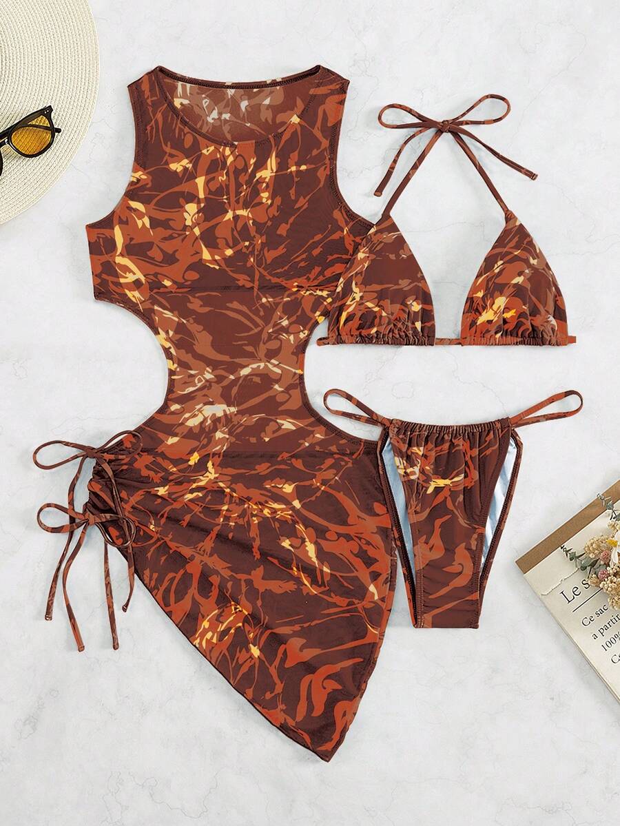 Women's 3-Piece Tie-Dye Bikini Set - Halter, Cover-Up Dress, Thongs, Green