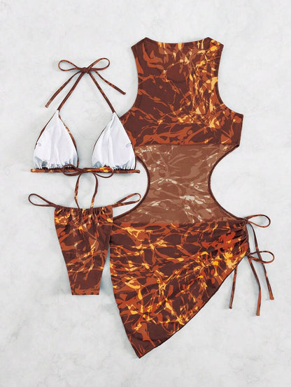 Women's 3-Piece Tie-Dye Bikini Set - Halter, Cover-Up Dress, Thongs, Green