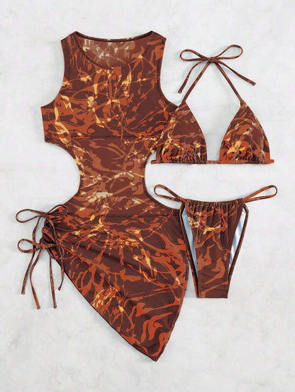 Women's 3-Piece Tie-Dye Bikini Set - Halter, Cover-Up Dress, Thongs, Green