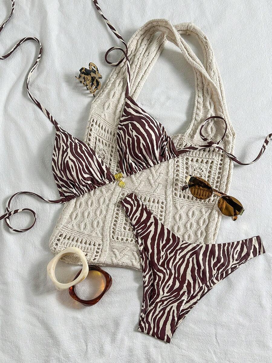 Swim Vcay Swim Mod Summer 2pcs Halter Random Floral Print & High Cut Bottoms Bikini Set, Beach Vacation