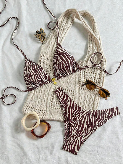 Swim Vcay Swim Mod Summer 2pcs Halter Random Floral Print & High Cut Bottoms Bikini Set, Beach Vacation