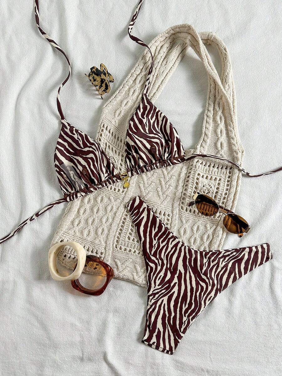 Swim Vcay Swim Mod Summer 2pcs Halter Random Floral Print & High Cut Bottoms Bikini Set, Beach Vacation