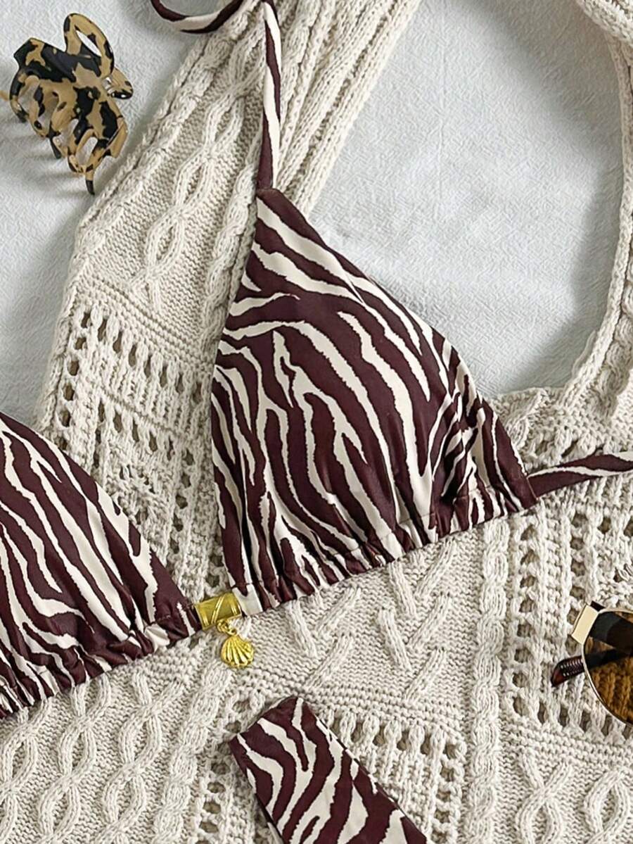 Swim Mod Summer 2 Pieces Outfits For Women - Spaghetti Strap Random Print Top And High Cut Swim Bottoms, Beach Holiday Bikini Set