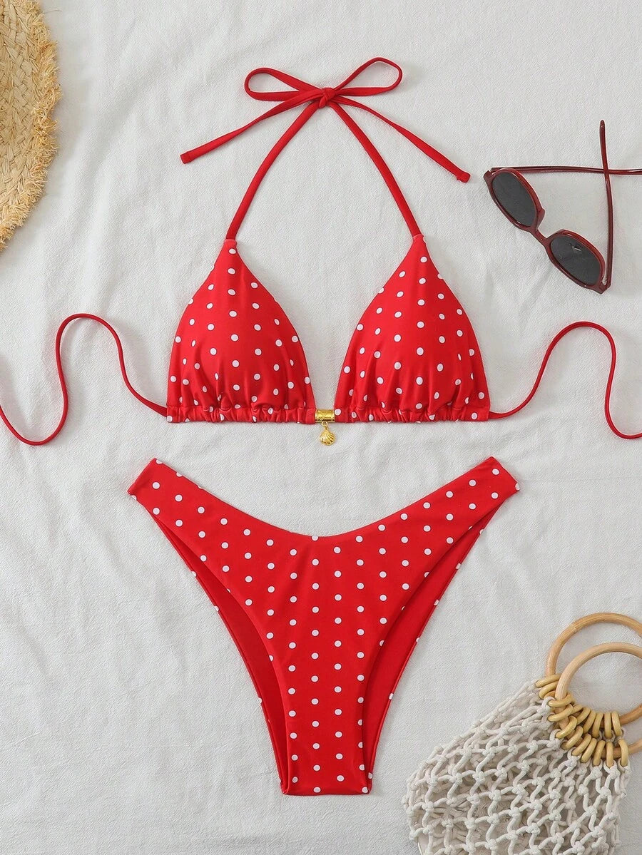 Swim Mod Summer 2 Pieces Outfits For Women - Spaghetti Strap Random Print Top And High Cut Swim Bottoms, Beach Holiday Bikini Set