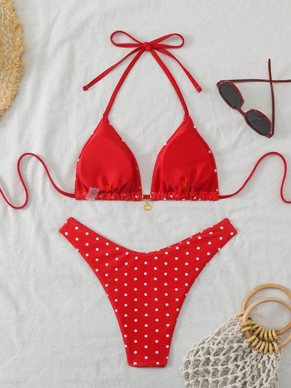 Swim Mod Summer 2 Pieces Outfits For Women - Spaghetti Strap Random Print Top And High Cut Swim Bottoms, Beach Holiday Bikini Set