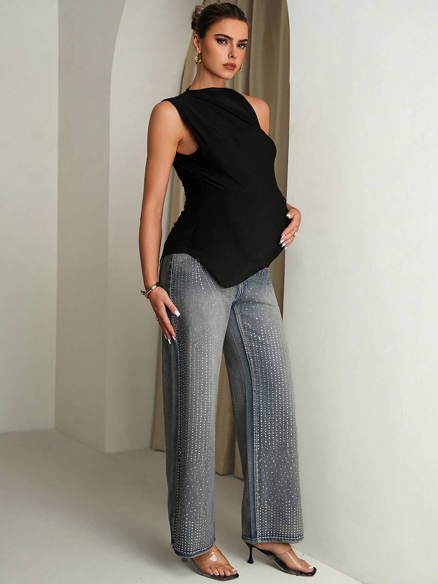 Maternity Apricot Sleeveless Stand Collar Shirt Ruched Slim Fit Asymmetrical Hem Summer Casual Holiday Top