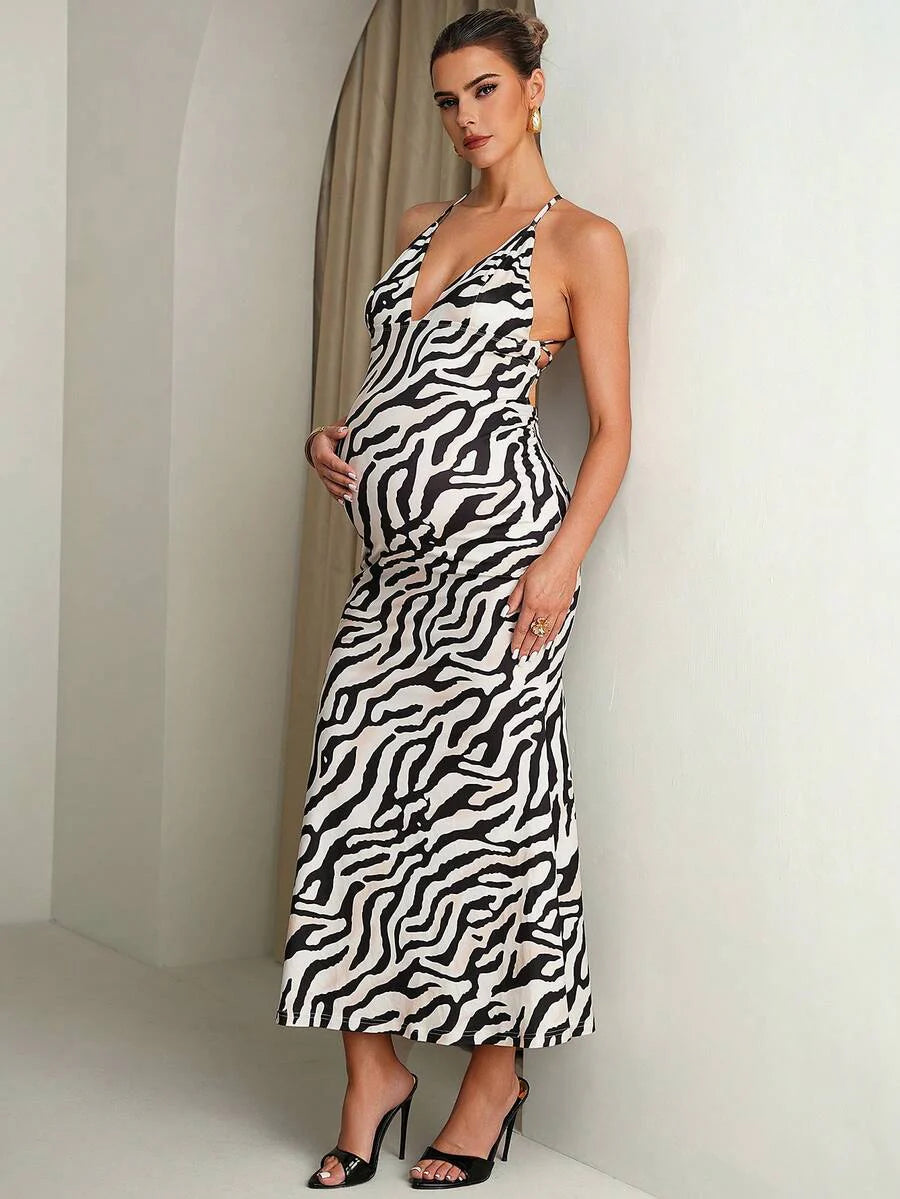 Maternity Zebra Print Backless Criss-Cross Dress,Black And White Summer Elegant Girlism Night Out Club Outfits,Bump Friendly Pregnancy Wedding Guest