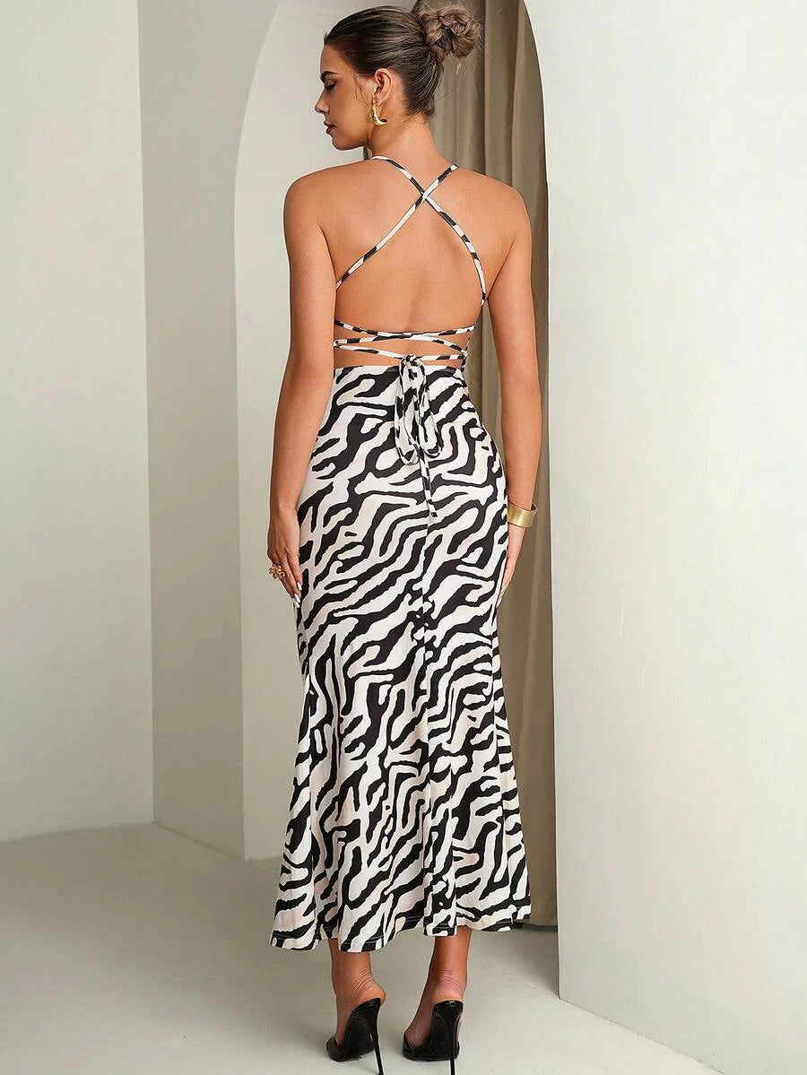 Maternity Zebra Print Backless Criss-Cross Dress,Black And White Summer Elegant Girlism Night Out Club Outfits,Bump Friendly Pregnancy Wedding Guest