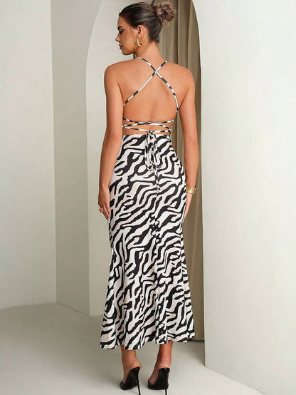 Maternity Zebra Print Backless Criss-Cross Dress,Black And White Summer Elegant Girlism Night Out Club Outfits,Bump Friendly Pregnancy Wedding Guest