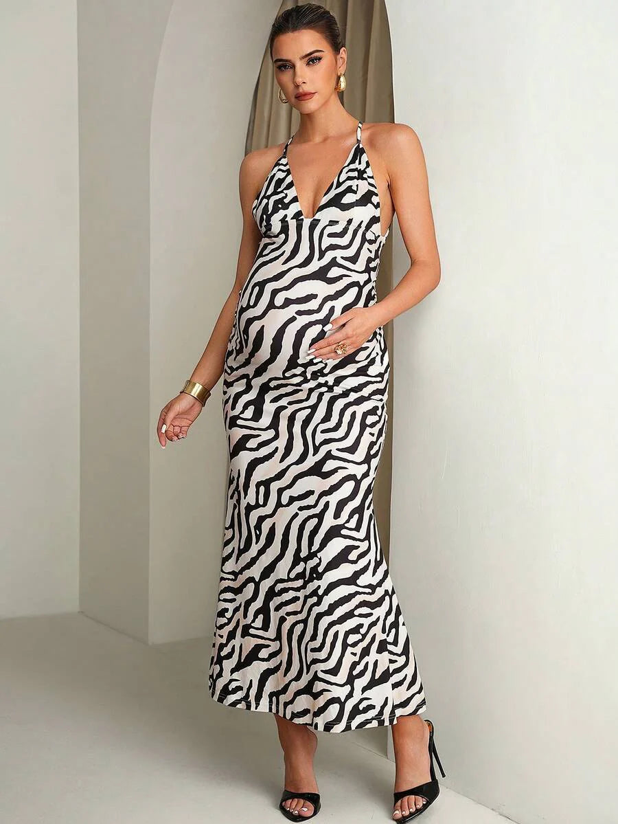 Maternity Zebra Print Backless Criss-Cross Dress,Black And White Summer Elegant Girlism Night Out Club Outfits,Bump Friendly Pregnancy Wedding Guest