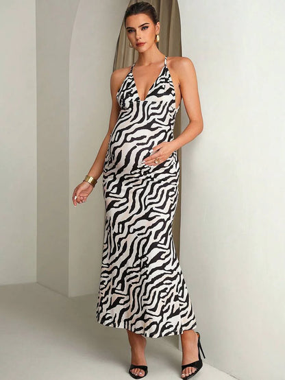 Maternity Zebra Print Backless Criss-Cross Dress,Black And White Summer Elegant Girlism Night Out Club Outfits,Bump Friendly Pregnancy Wedding Guest