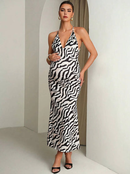 Maternity Zebra Print Backless Criss-Cross Dress,Black And White Summer Elegant Girlism Night Out Club Outfits,Bump Friendly Pregnancy Wedding Guest