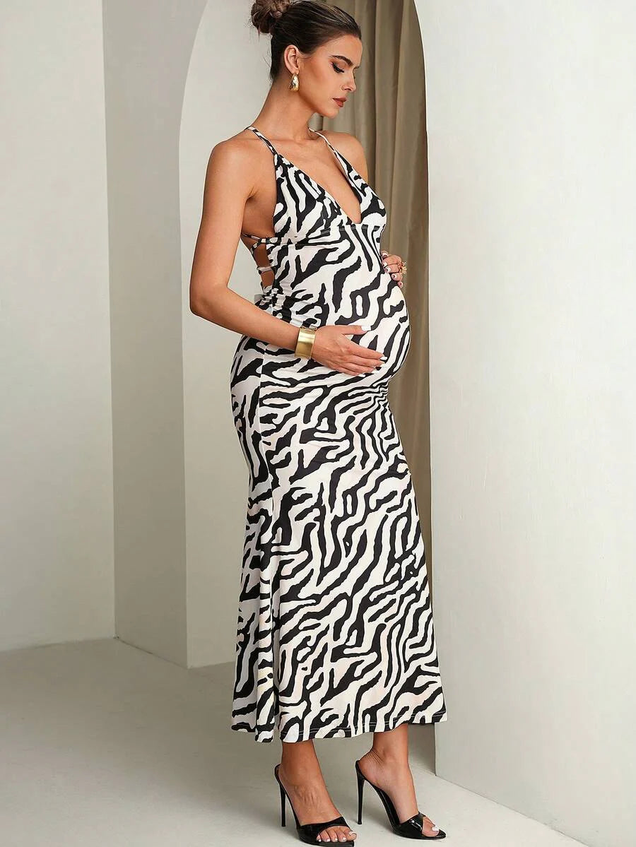 Maternity Zebra Print Backless Criss-Cross Dress,Black And White Summer Elegant Girlism Night Out Club Outfits,Bump Friendly Pregnancy Wedding Guest