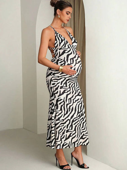 Maternity Zebra Print Backless Criss-Cross Dress,Black And White Summer Elegant Girlism Night Out Club Outfits,Bump Friendly Pregnancy Wedding Guest