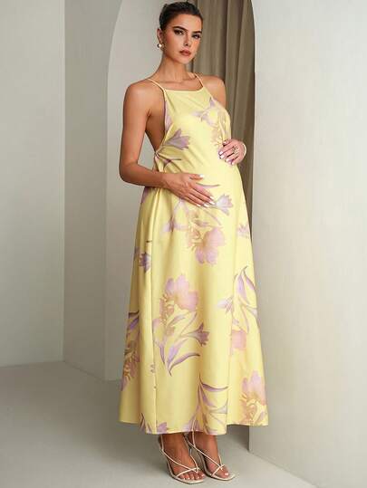 Floral Print Backless Halter Dress For Pregnant Women Summer Outfits Pregnancy Photoshoot Wedding Guest Elegant Dresses Yellow