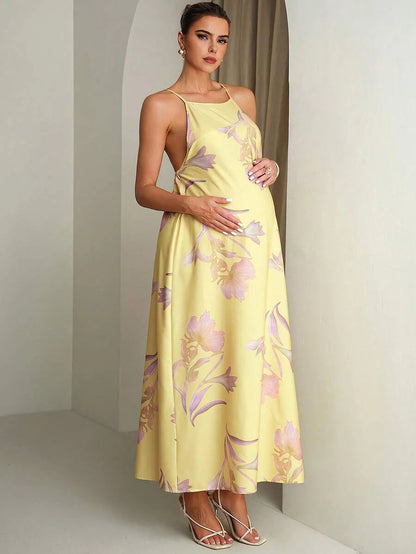 Floral Print Backless Halter Dress For Pregnant Women Summer Outfits Pregnancy Photoshoot Wedding Guest Elegant Dresses Yellow