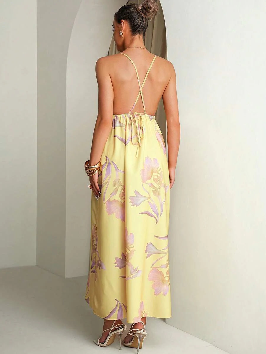 Floral Print Backless Halter Dress For Pregnant Women Summer Outfits Pregnancy Photoshoot Wedding Guest Elegant Dresses Yellow
