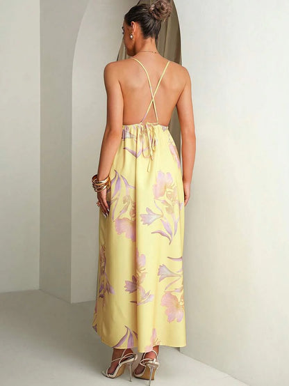 Floral Print Backless Halter Dress For Pregnant Women Summer Outfits Pregnancy Photoshoot Wedding Guest Elegant Dresses Yellow