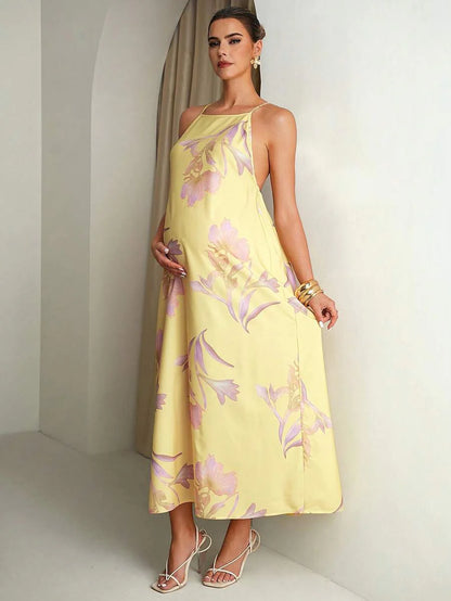 Floral Print Backless Halter Dress For Pregnant Women Summer Outfits Pregnancy Photoshoot Wedding Guest Elegant Dresses Yellow