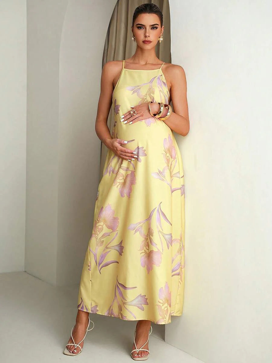 Floral Print Backless Halter Dress For Pregnant Women Summer Outfits Pregnancy Photoshoot Wedding Guest Elegant Dresses Yellow