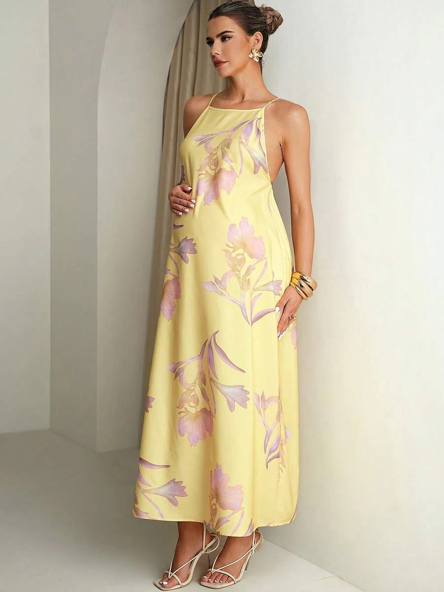 Floral Print Backless Halter Dress For Pregnant Women Summer Outfits Pregnancy Photoshoot Wedding Guest Elegant Dresses Yellow