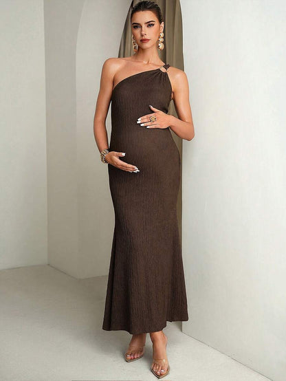 Pregnant Women Solid Color Metal Ring Decor Asymmetric Neckline Fitted Sleeveless Dress