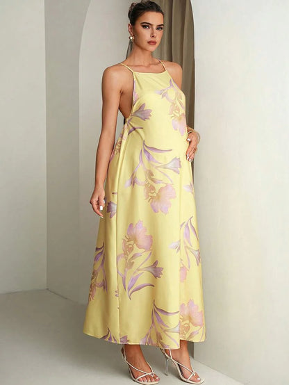 Floral Print Backless Halter Dress For Pregnant Women Summer Outfits Pregnancy Photoshoot Wedding Guest Elegant Dresses Yellow