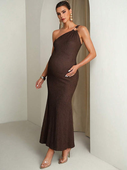 Pregnant Women Solid Color Metal Ring Decor Asymmetric Neckline Fitted Sleeveless Dress