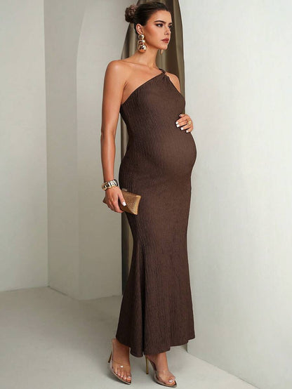 Pregnant Women Solid Color Metal Ring Decor Asymmetric Neckline Fitted Sleeveless Dress