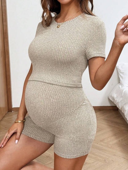 Maternity 2-Piece Lounge Set - Round Neck Crop Tee & Biker Shorts, Slim Fit, Khaki