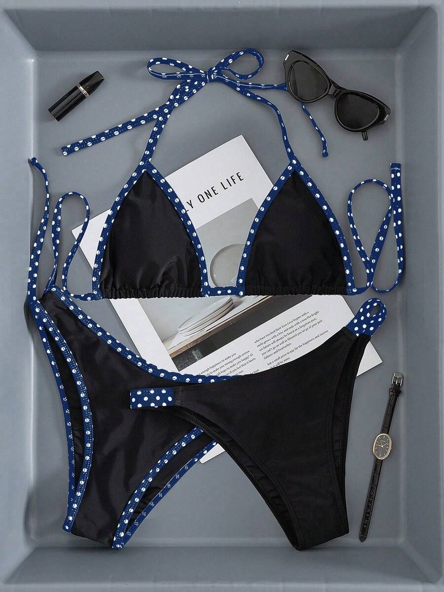 Swim Vcay Women's Swimwear Set, Fashionable Polka Dot Print Trim, Backless, Spaghetti Straps, Tie Waist, Triangle Swim Bottoms, Beach, Casual