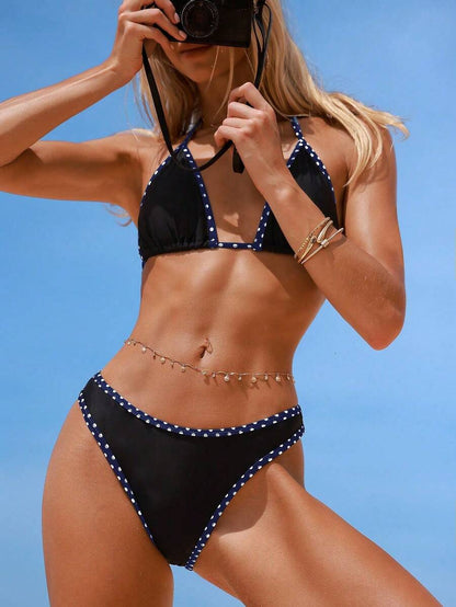 Swim Vcay Women's Swimwear Set, Fashionable Polka Dot Print Trim, Backless, Spaghetti Straps, Tie Waist, Triangle Swim Bottoms, Beach, Casual