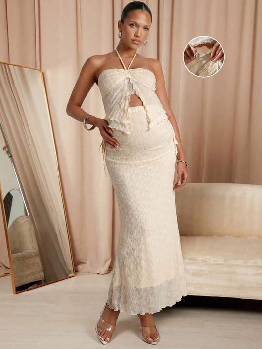 Maternity Clothes Maternity Co Ord Summer Pregnant Clothes Apricot-Colored Textured Two-Piece Set, Halter Collar Soft And Comfortable Elegant
