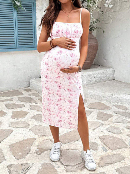 Pink Floral Print Midi Maternity Sundress with Side Slit and Spaghetti Straps Boho Slim Fit Knitted Cami Dress for Beach Vacation