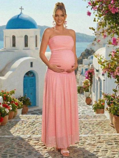 Maternity Elegant Solid Pink 2 Piece Set Strapless Bandeau Top and Long Skirt for Baby Shower and Gender Reveal