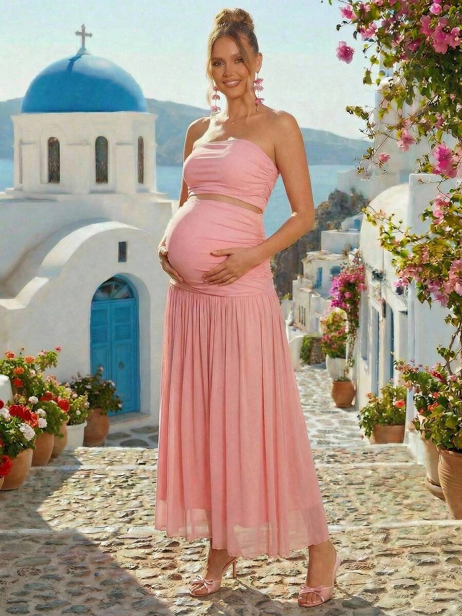 Maternity Elegant Solid Pink 2 Piece Set Strapless Bandeau Top and Long Skirt for Baby Shower and Gender Reveal