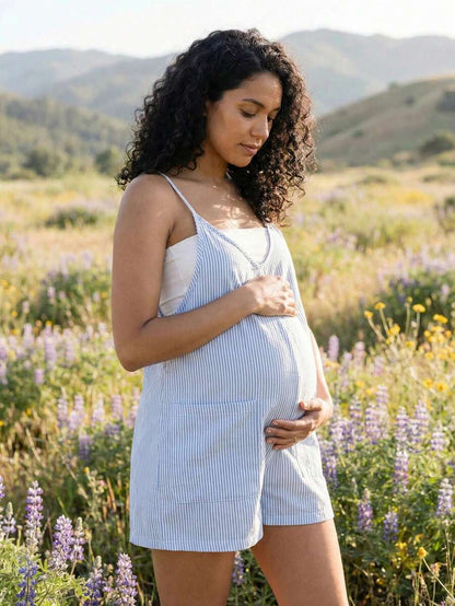 Coffee Brown Striped V-Neck Maternity Romper - Sleeveless Cotton Summer Vacation Jumpsuit with Bow Detail and Loose Fit